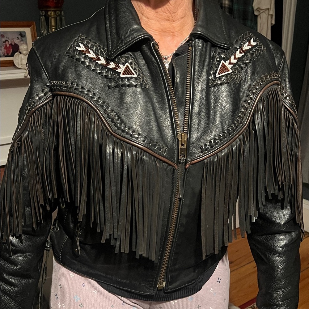 Vintage Unik Black Leather Jacket with Fringe, Beads & Braiding - Picture 15 of 16
